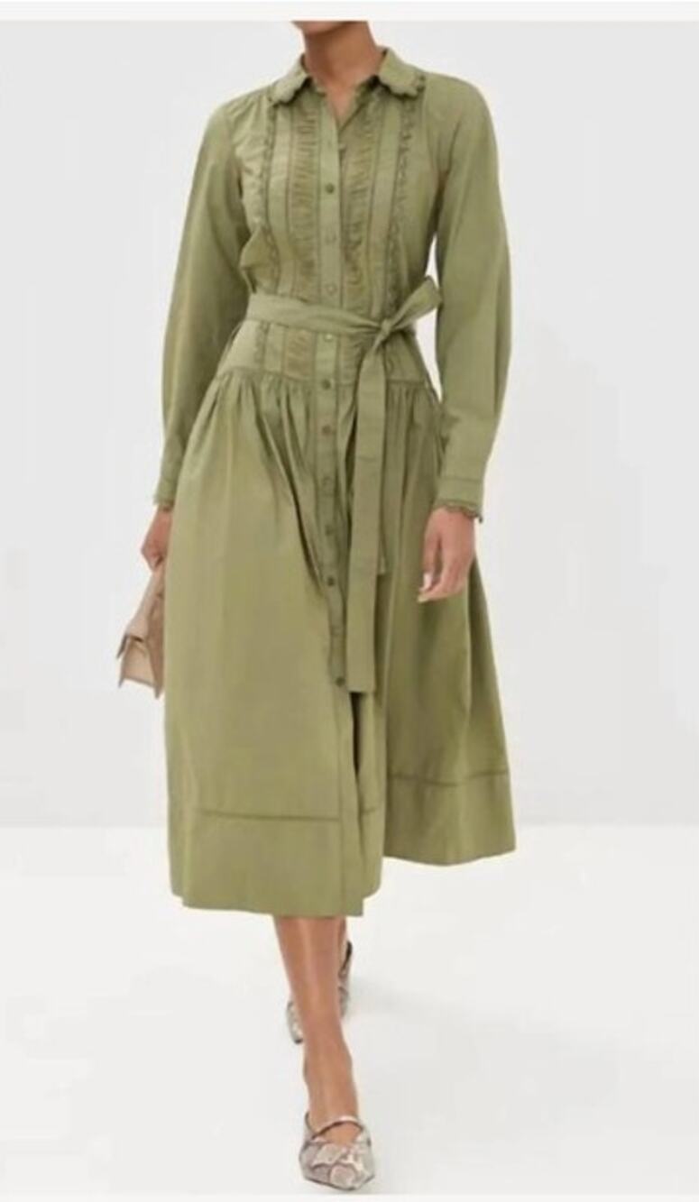 ULLA JOHNSON Sz 2 Ariane Green Midi Shirt Dress Cotton